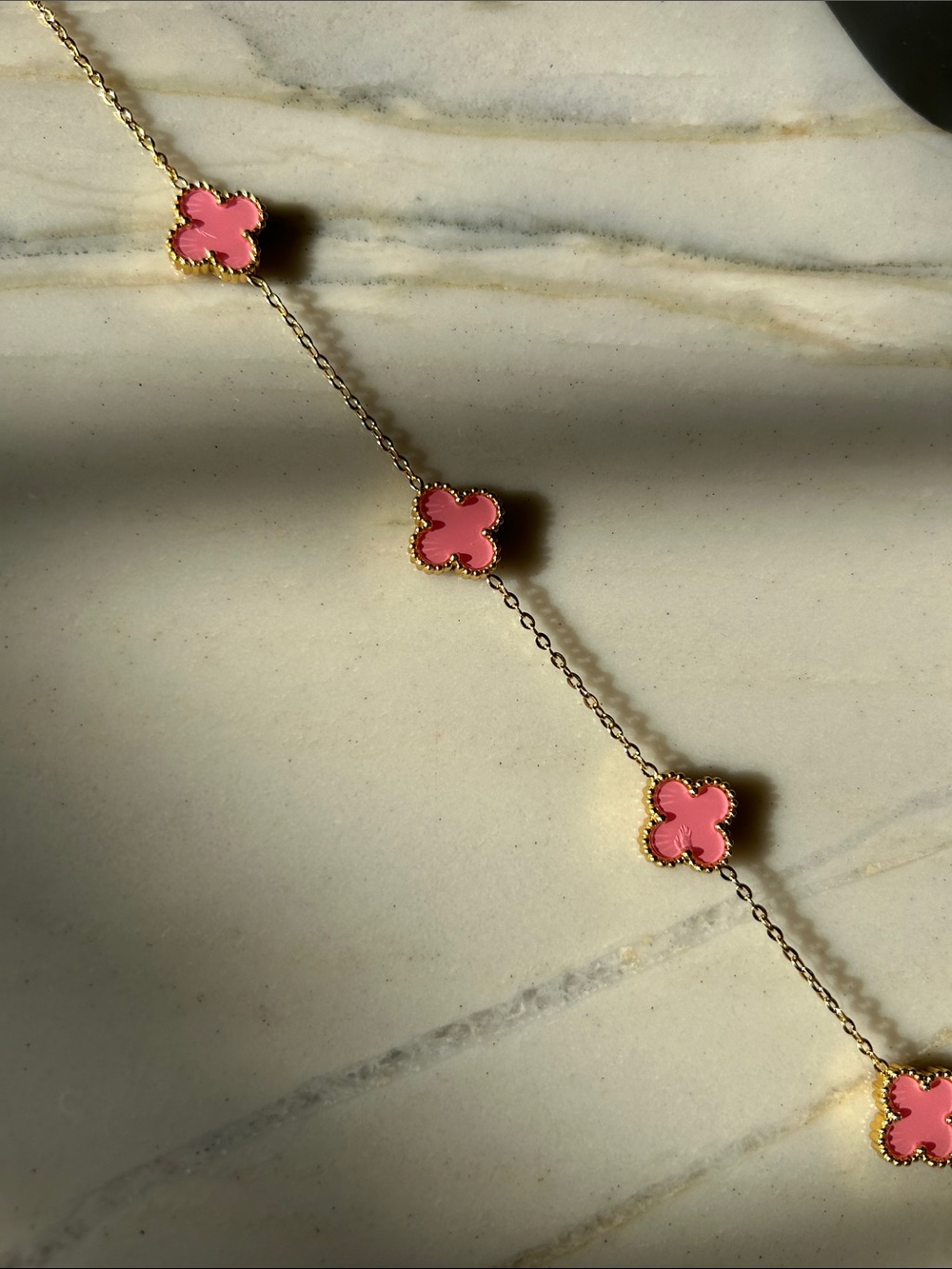 Gold Chain‎ Necklace with Pink Clover Pendants - Picture 3 of 3